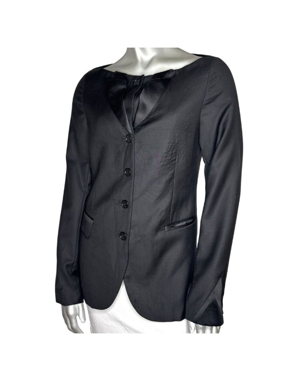 Guilty Brotherhood Kevork Kiledjian Black Wool & Satin Collarless Blazer FR38 4